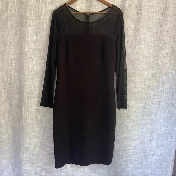 Adrianna Papell | Dresses | Adrianna Papell Illusion Neckline Long Sleeve  Pintuck Bodycon Dress Black | Poshmark